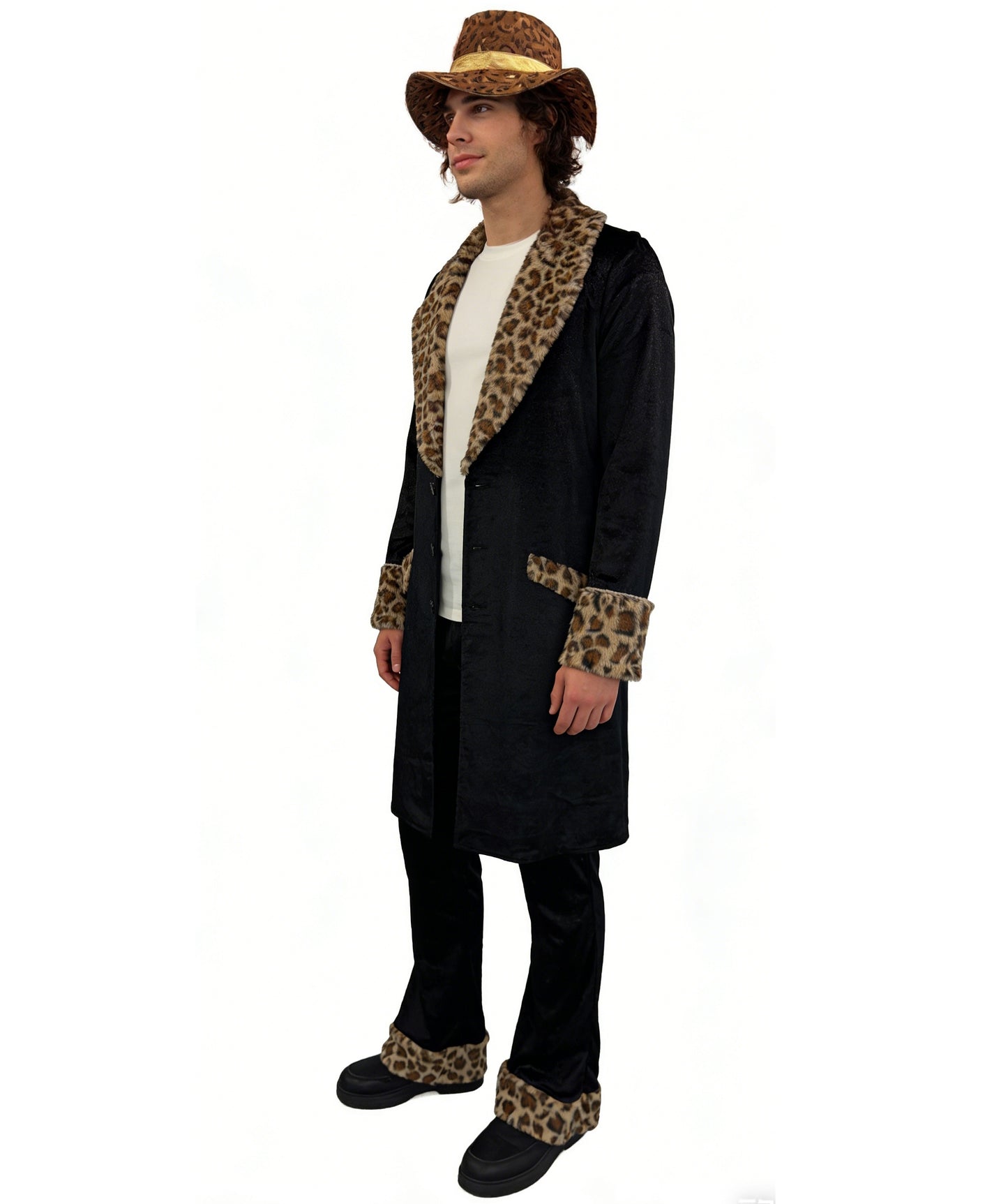 HPO Men's Fur Trim Costume Set | Sleek black construction featuring a long coat and pants with leopard fur trim and matching hat | Ideal for party, Halloween, cosplay, theater, drag, performance, costume events