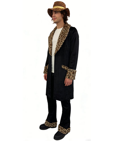 HPO Men's Fur Trim Costume Set | Sleek black construction featuring a long coat and pants with leopard fur trim and matching hat | Ideal for party, Halloween, cosplay, theater, drag, performance, costume events