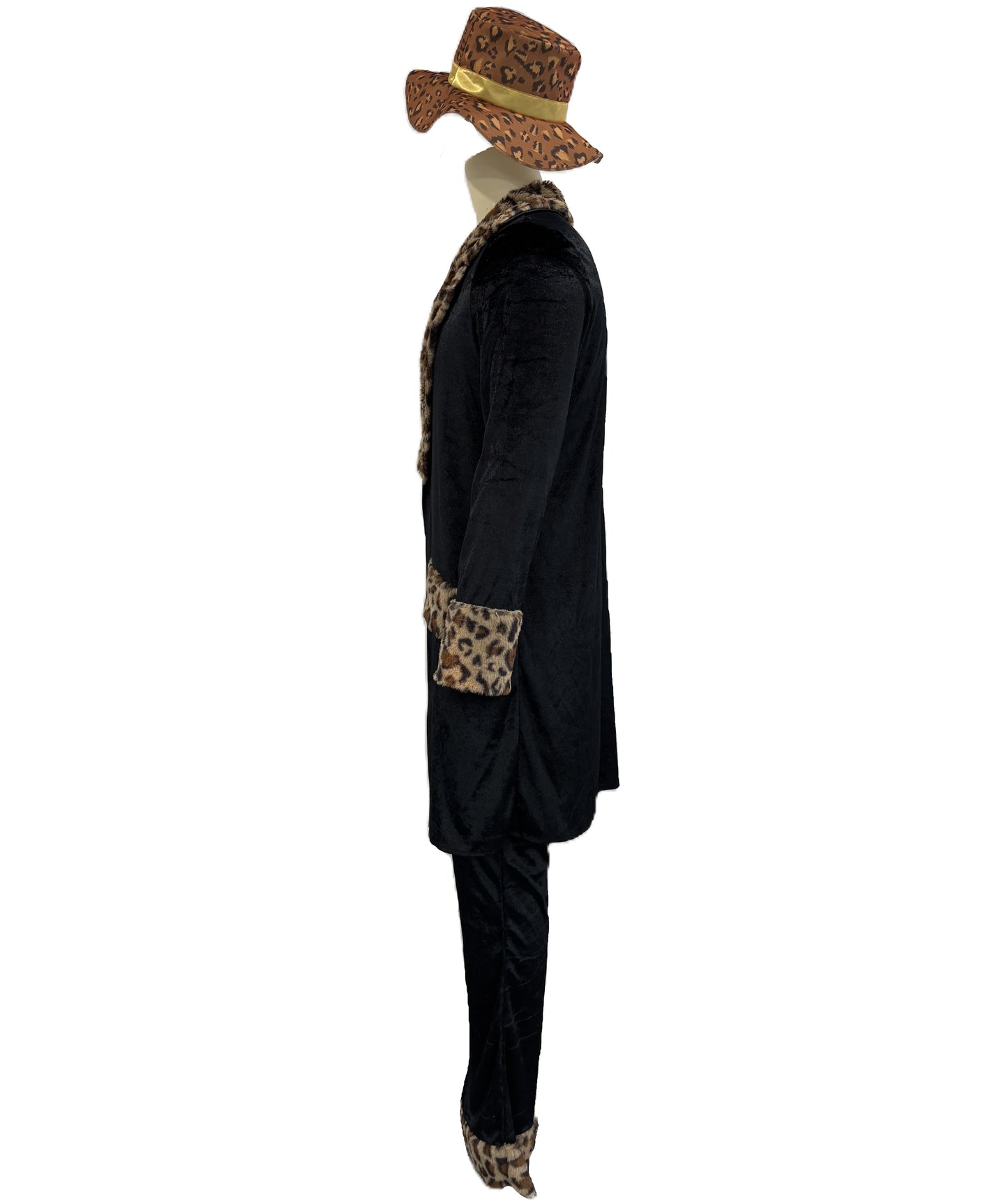 HPO Men's Fur Trim Costume Set | Sleek black construction featuring a long coat and pants with leopard fur trim and matching hat | Ideal for party, Halloween, cosplay, theater, drag, performance, costume events