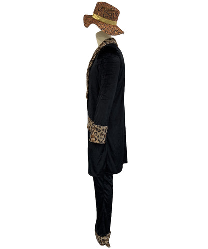 HPO Men's Fur Trim Costume Set | Sleek black construction featuring a long coat and pants with leopard fur trim and matching hat | Ideal for party, Halloween, cosplay, theater, drag, performance, costume events