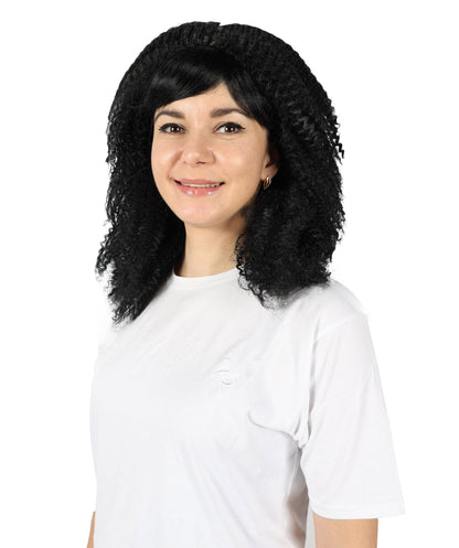 HPO Adult Women's 80s Shoulder Length Straight Black Crimp Wig| Halloween and Cosplay Wig | Flame-retardant Synthetic Fiber