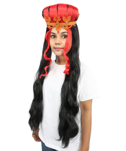 HPO Women’s Black and Red Extra Long Wig – Wavy Cosplay Wig with Braided Crown and Extra Length | Fancy Dress Costume Hairpiece with Adjustable Cap for Parties