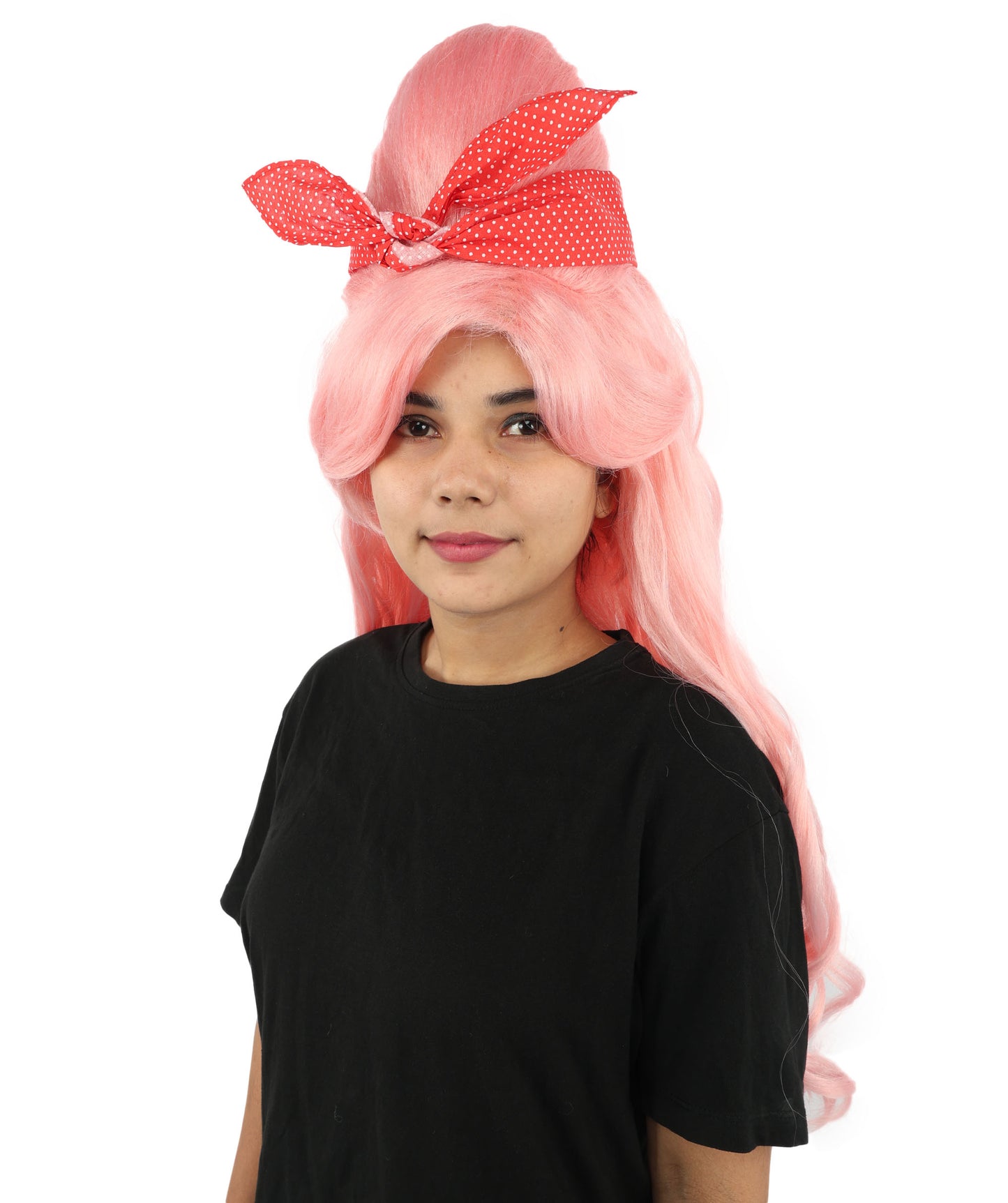 HPO Women’s Retro Beehive Wig with Red Bow | Multicolor Options | Extra Long Wavy Fancy Dress Accessory | Fancy Dress Accessory | Celebrity-Inspired Hair for Halloween, Cosplay & Music Tribute Parties