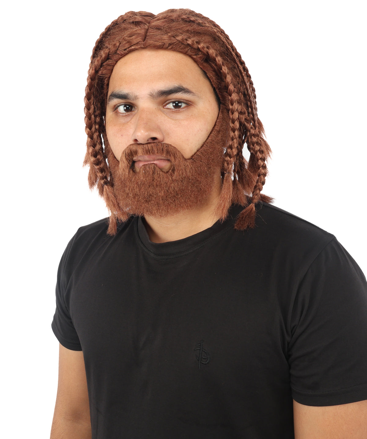 HPO Adult Men’s Brown Braided Warrior Wig with Matching Beard Set - Shoulder Length Braided Wig with Full Facial Hair Center Part and Fantasy Inspired Styling for Halloween Cosplay Events