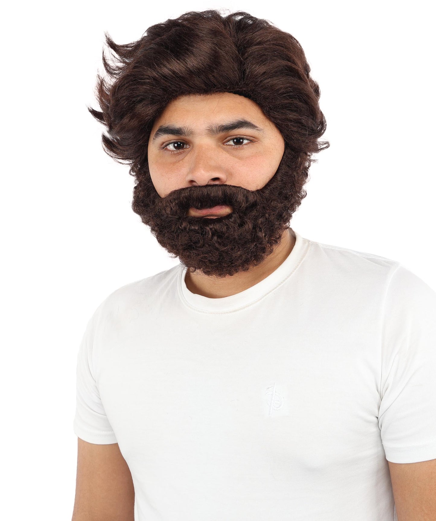 HPO Men’s Brown Wig with Moustache & Beard Set | Complete Wigs and Facial Hair Set | Costume Styling for Theme Events, Parties & Stage Roles