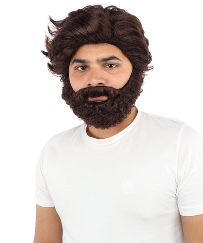 HPO Men’s Brown Wig with Moustache & Beard Set | Complete Wigs and Facial Hair Set | Costume Styling for Theme Events, Parties & Stage Roles