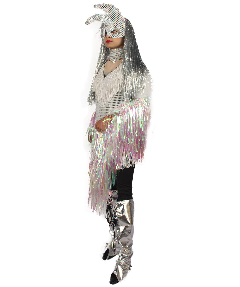 HPO Unisex Silver Holographic Long Tinsel Jacket Costume Bundle with Silver Tinsel Wig