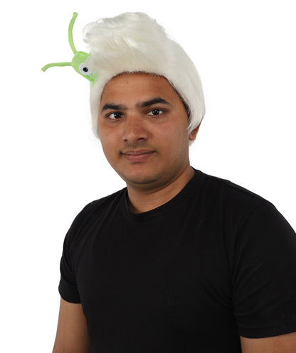 HPO Men's Brain Slug Orange Wig | Medium Spiked Synthetic Hair with Attached Green Alien Plush and Messy Texture | Sci-Fi Cosplay, Halloween, Cartoon Theme Party, and Funny Costume Accessories