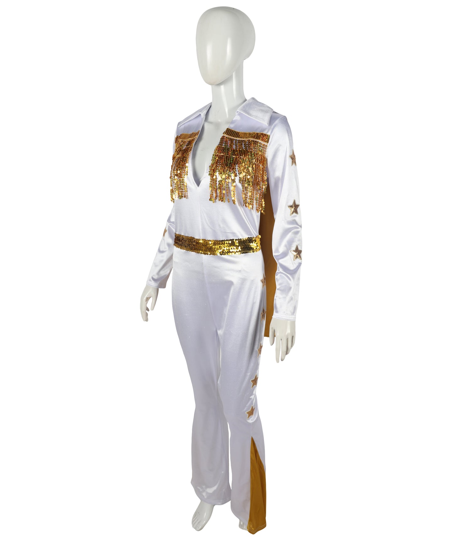 HPO Adult Women’s Elvis Jumpsuit Costume Set | Sparkling Rhinestone-Studded White Jumpsuit with Flared Legs & Matching Cape | Adjustable Fit | For Halloween Themed Events