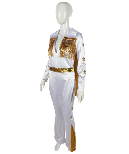 HPO Adult Women’s Elvis Jumpsuit Costume Set | Sparkling Rhinestone-Studded White Jumpsuit with Flared Legs & Matching Cape | Adjustable Fit | For Halloween Themed Events