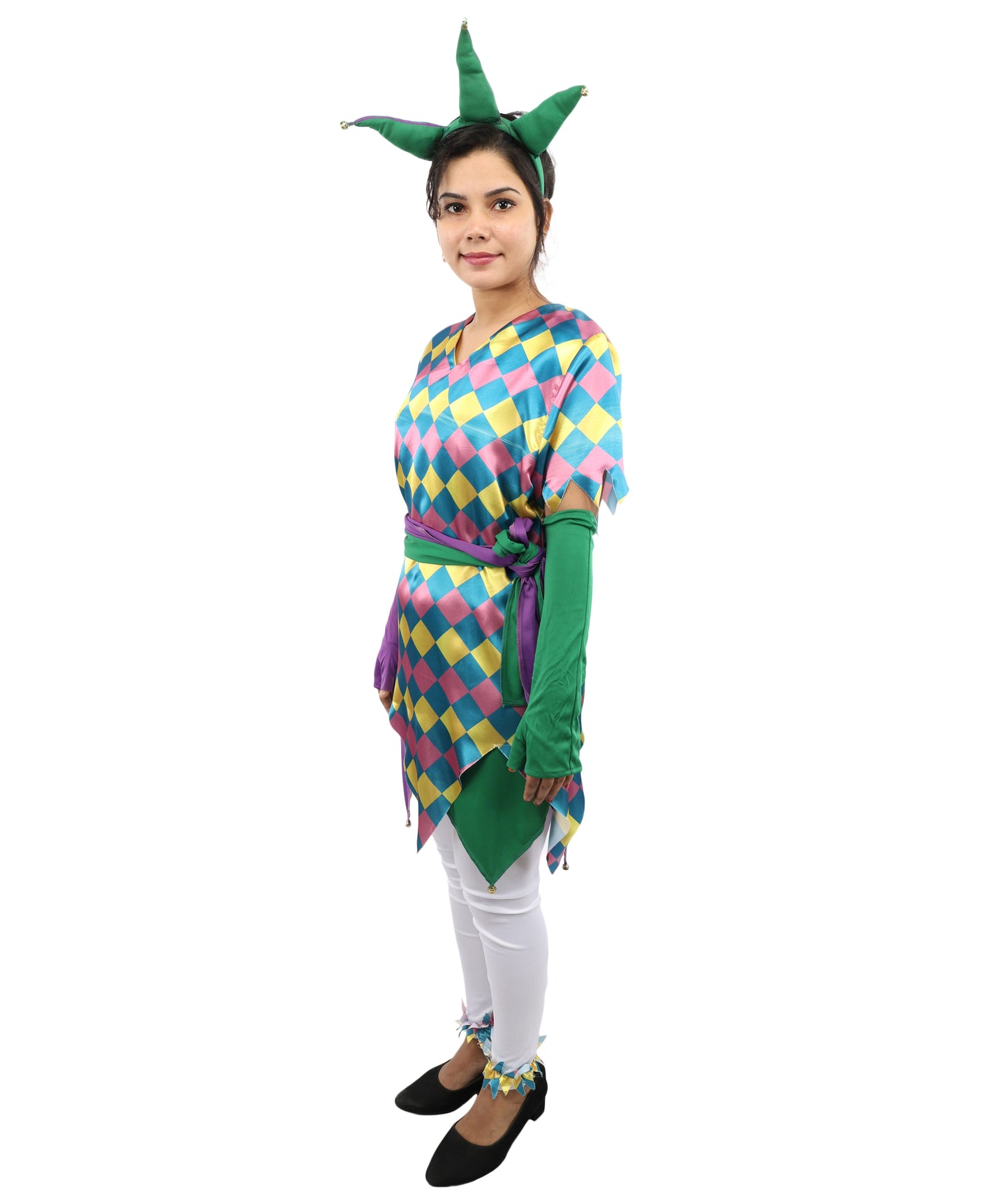 HPO Women's Sequin Jester Dress Costume – Multicolor Jester Style Outfit with Diamond Pattern | Party, Cosplay & Festival Wear