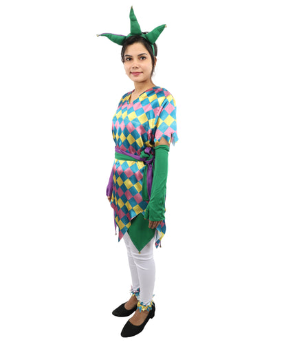 HPO Women's Sequin Jester Dress Costume – Multicolor Jester Style Outfit with Diamond Pattern | Party, Cosplay & Festival Wear