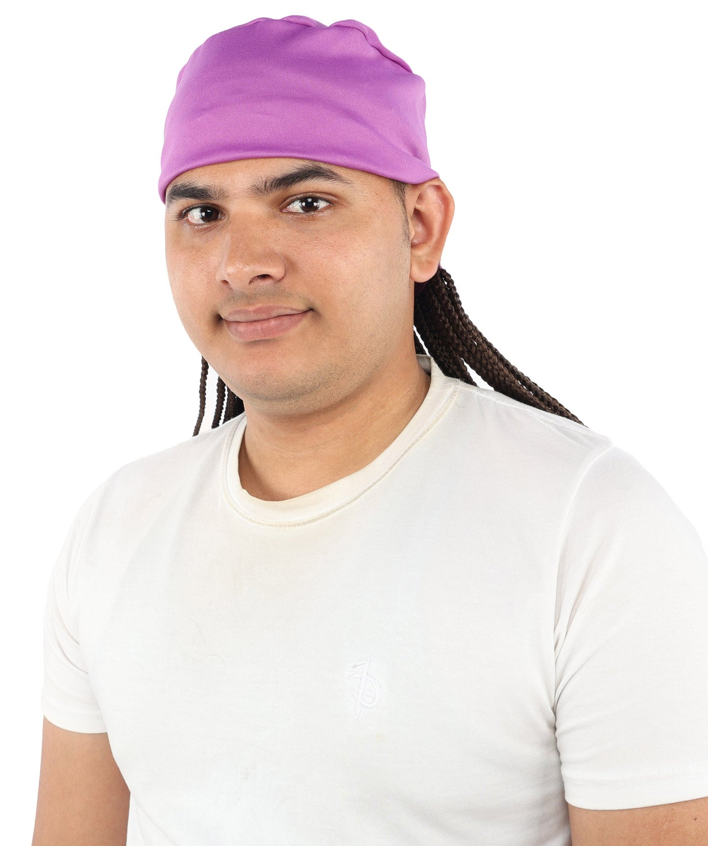 Men’s Movie Character Inspired Black Braided Wig with Purple Head Wrap Hat | Flame-retardant Synthetic Fiber | Ideal Hairpiece for Cosplay & Halloween