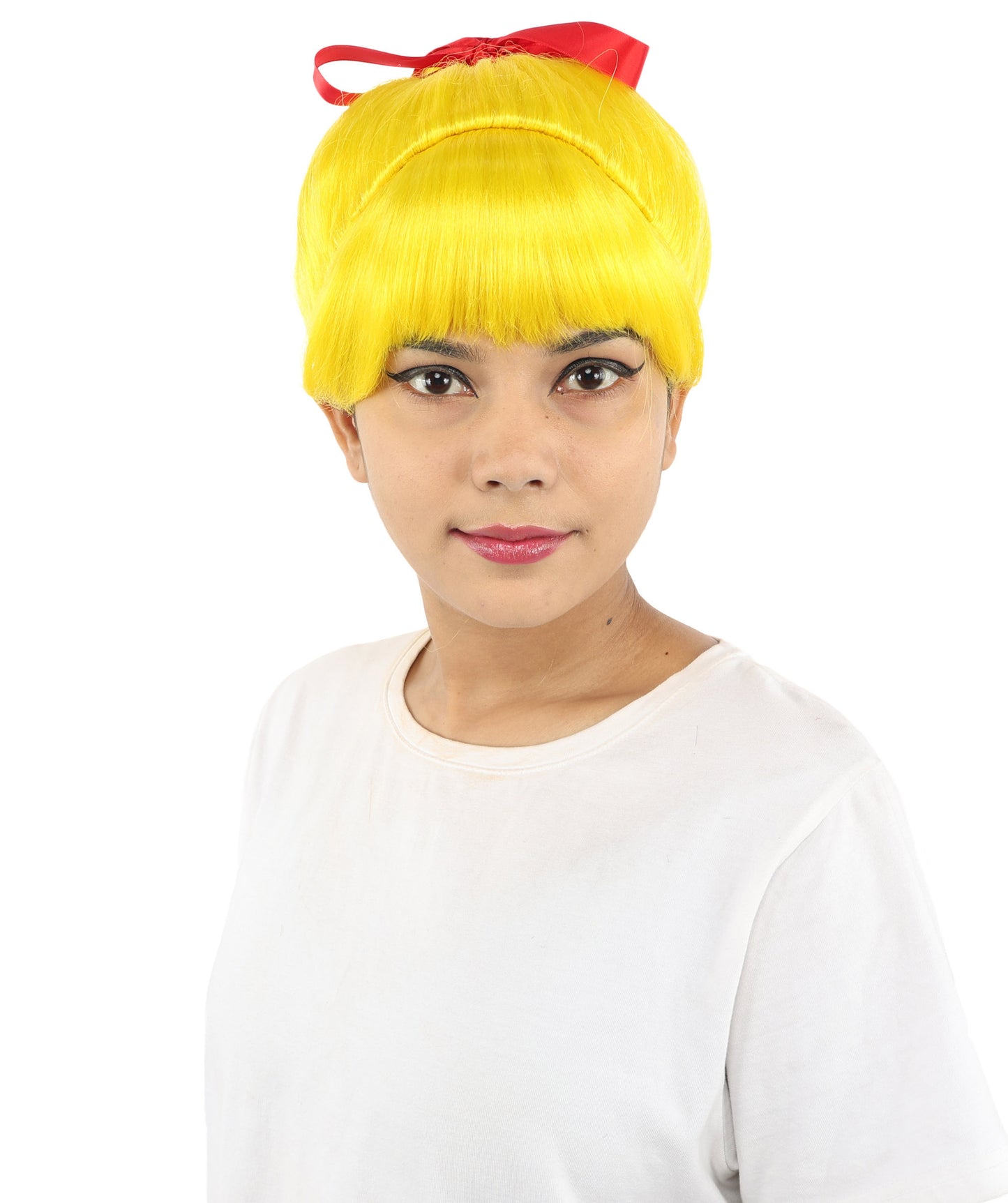 HPO Women's Spiral Ponytail Wig | Multicolor Options | High Updo with Red Ribbon Bow & Bangs, Heat Friendly Synthetic Fiber & Breathable Cap | Halloween, Christmas Event, Themed Party, Theater & Roleplay