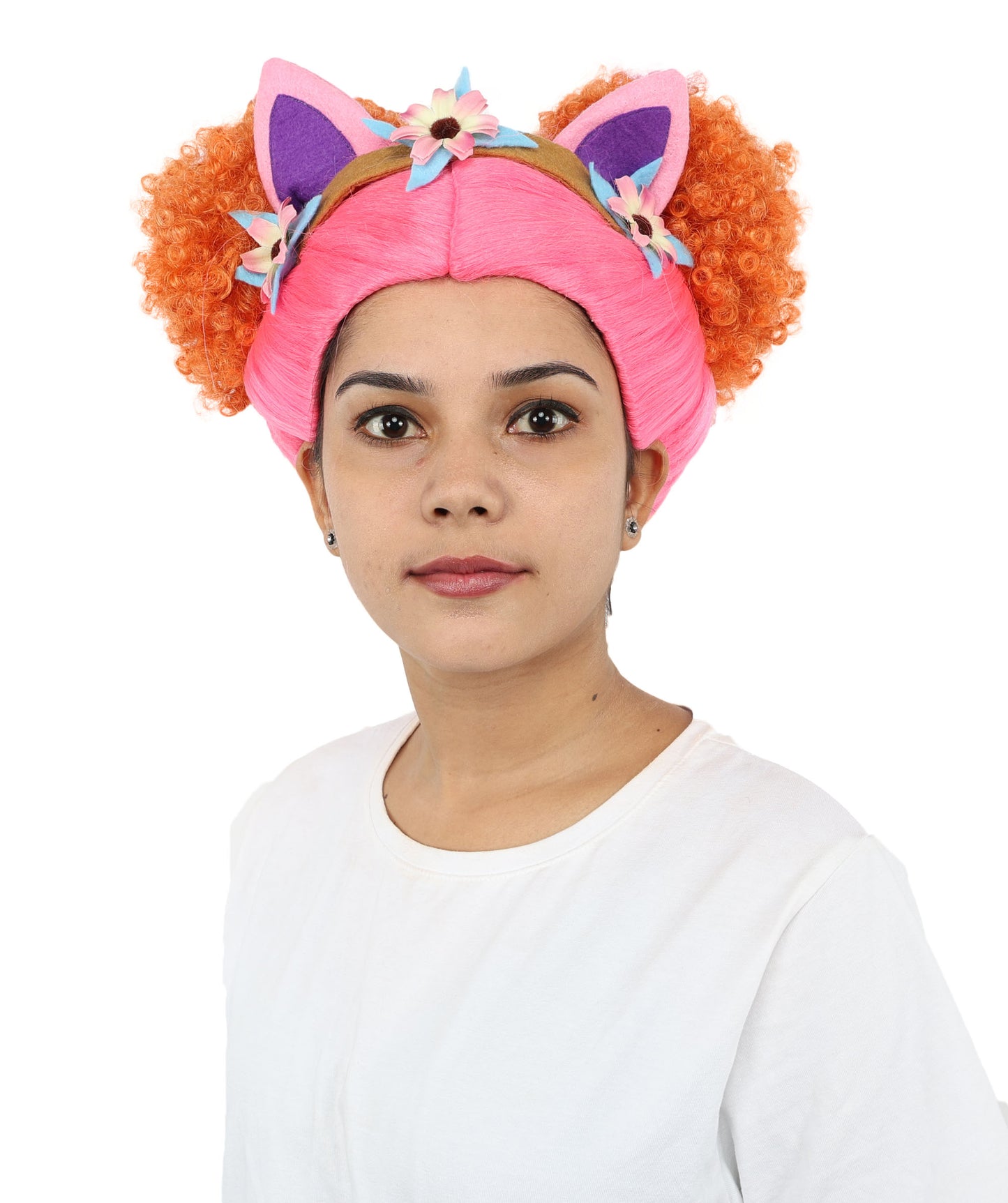 HPO Women's Whimsical Dollhouse Wig | Multicolor Curly Hairstyle with Cat Ear Headband | Hairpiece for Halloween, Cosplay & Parties