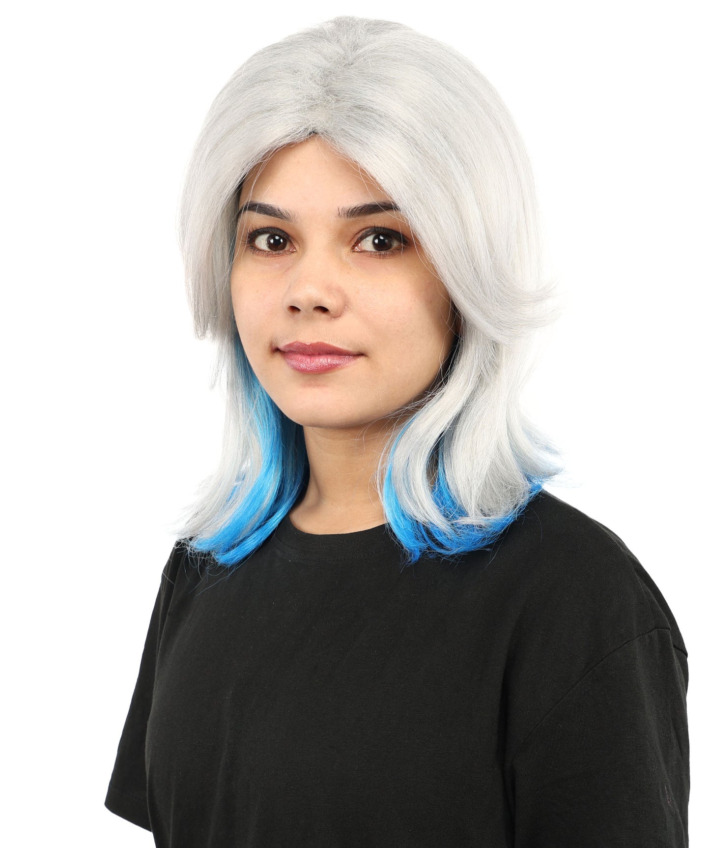 HPO Women's Medium Layered Bob Wig | Ash Gray to Blue Ombre Synthetic Hairstyle for Cosplay, Festivals, Stage Shows,  Parties & Photoshoots