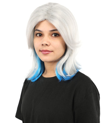 HPO Women's Medium Layered Bob Wig | Ash Gray to Blue Ombre Synthetic Hairstyle for Cosplay, Festivals, Stage Shows,  Parties & Photoshoots