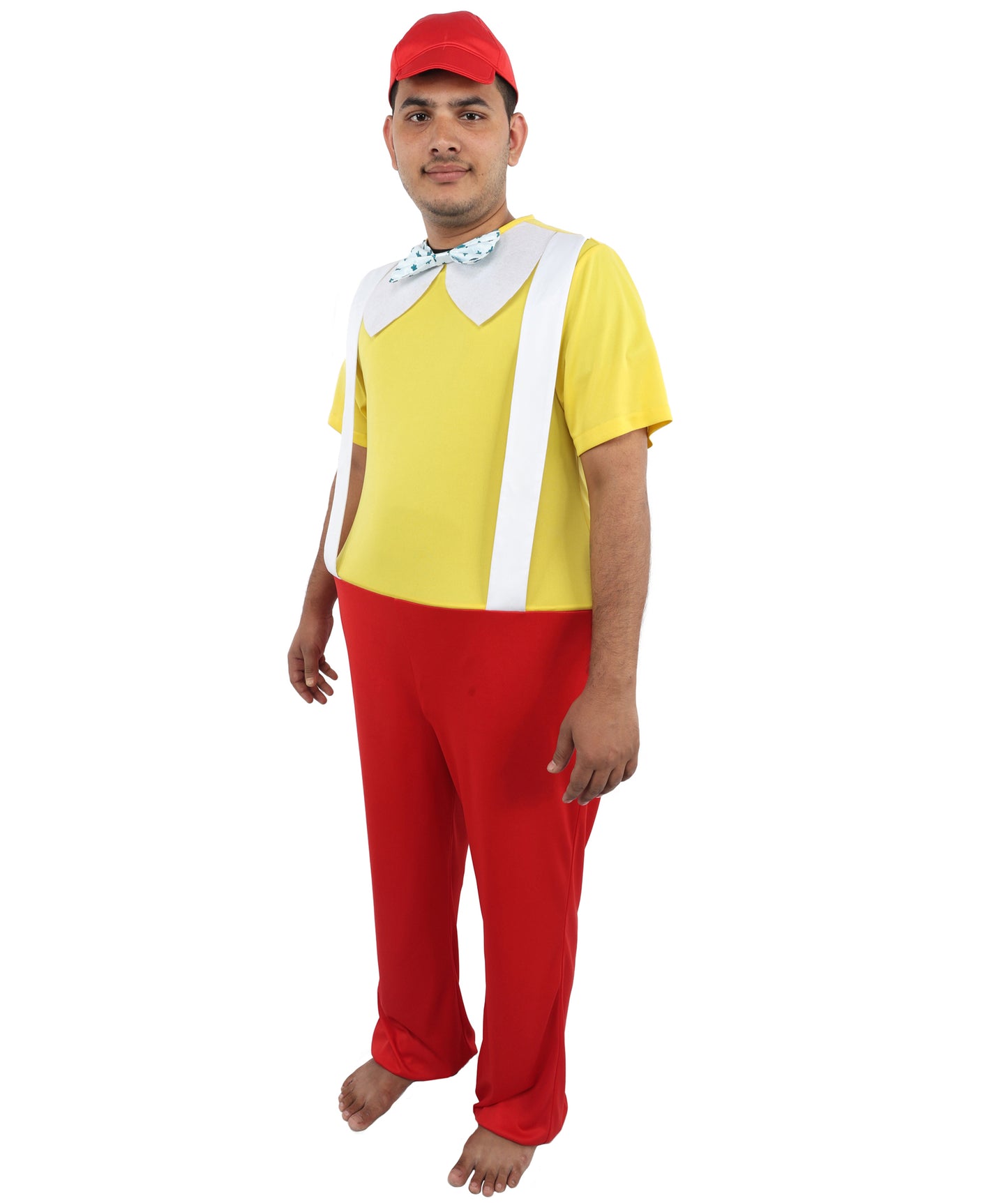HPO Men's Storybook Character Costume – Yellow Top with Red Pant, Bow Tie, Suspenders & Trousers | Playful Role Suit for T Visual Scenes