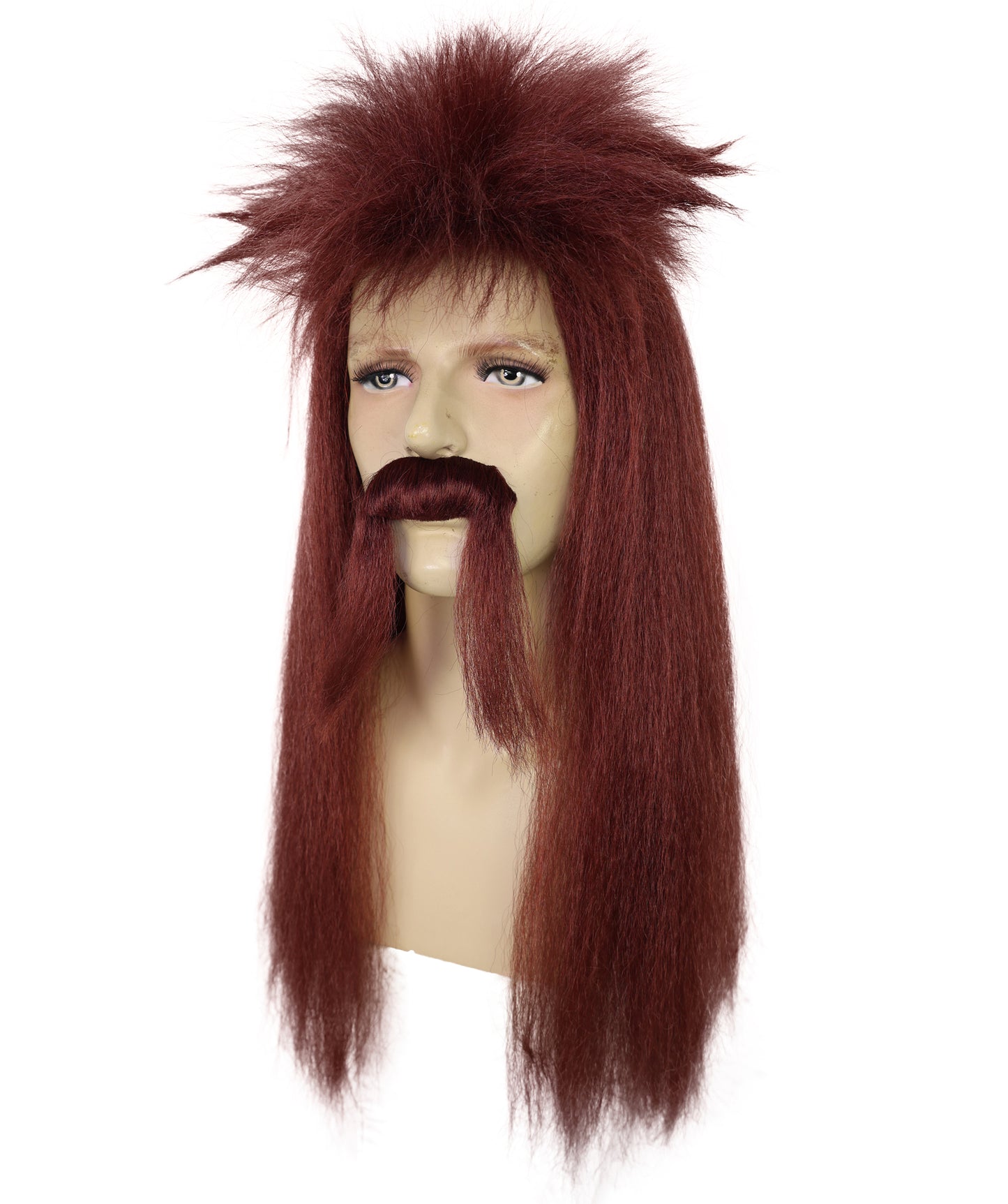 HPO Men's Long Mullet Hair Wig & Moustache Set – Retro Rocker Costume Accessory for Men