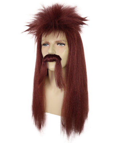 HPO Men's Long Mullet Hair Wig & Moustache Set – Retro Rocker Costume Accessory for Men