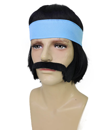 Men's Hippie with Hair Wig, Sideburns & Mustache With Headband – Retro 60s Set | Breathable Capless Cap