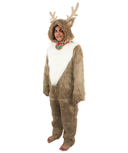 HPO Unisex Reindeer Brown & White Costume | Plush Holiday Outfit with Antlers & Hoof Gloves | Perfect for Christmas, Parties & Festive Events