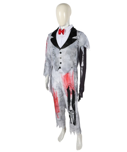 HPO Adult Men’s Corpse Groom Costume Set | Tattered Suit with Bone Detailing & Distressed Accessories | Adjustable Fit | For Halloween, Horror Parties & Themed Events