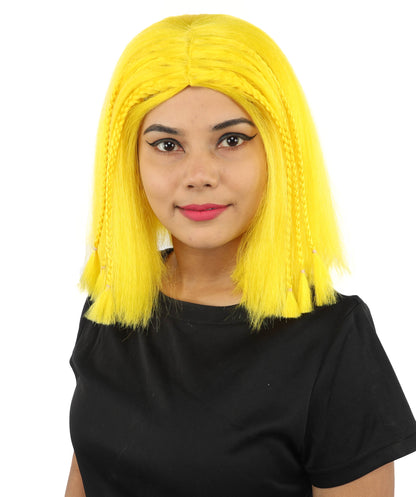 HPO Celebrity-Style 11 Inch Green Rooted Blonde Front Braided Straight Wig | Shoulder-Length Fun, Bold, and Stylish Hairpiece  | Ideal for Halloween, Cosplay, and Themed Parties