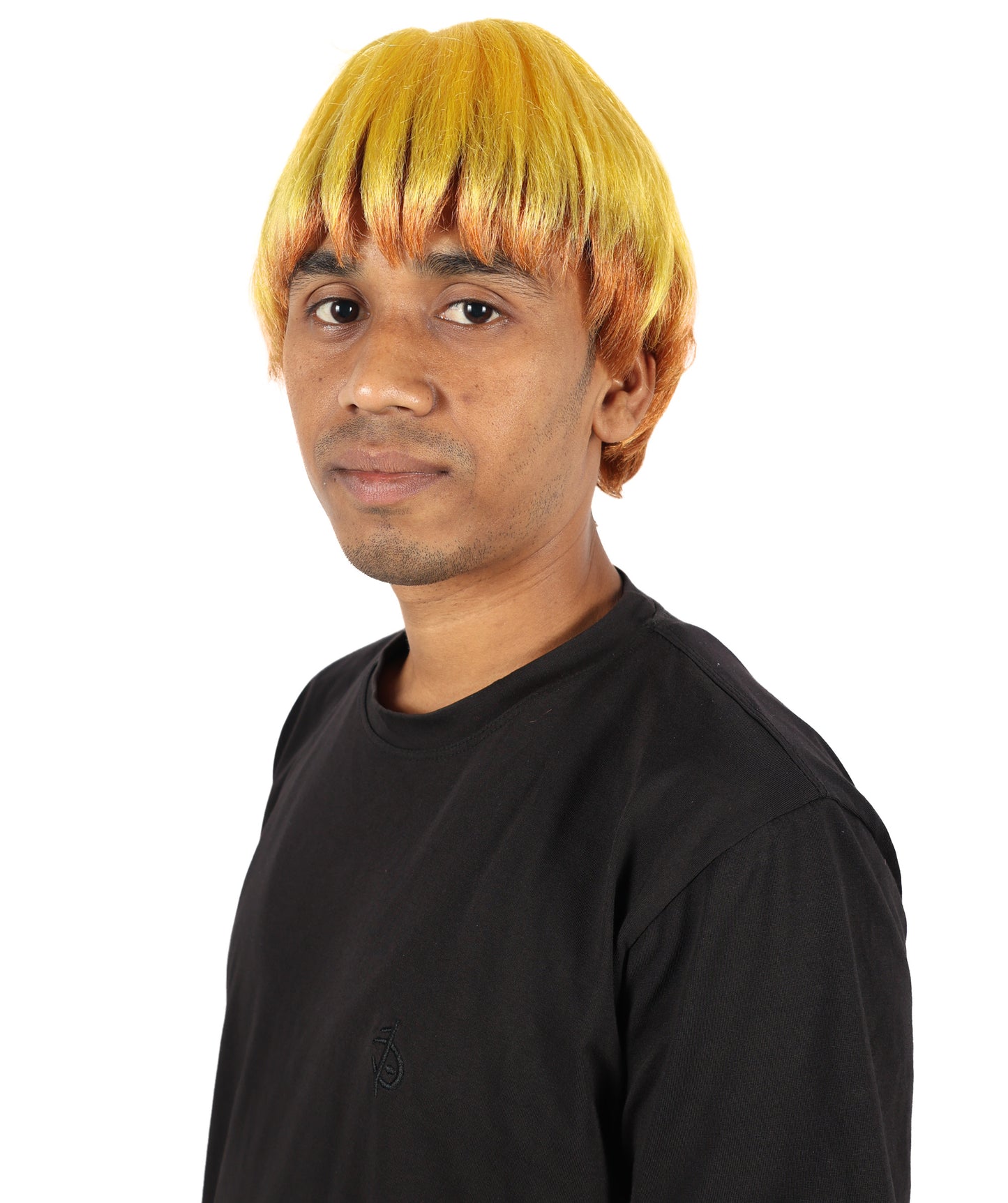 HPO Adult Men's Anime-Inspired Light Golden Yellow Blonde Highlight Spiky Cosplay Men Wig | Short Layered Hair Wig with Lightning Style for Halloween and Conventions