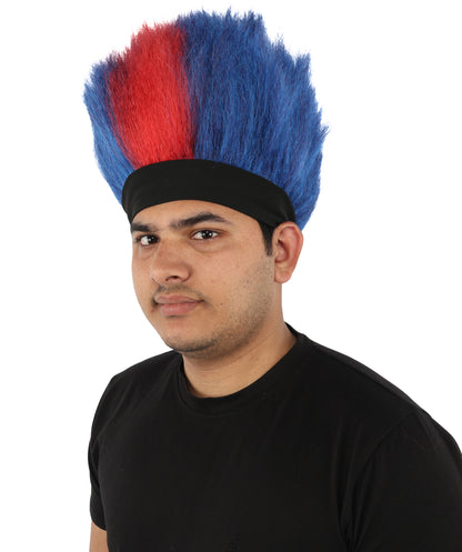 HPO Men's Red and Blue Mohawk Wig | Tall Spiky Texture Flame-retardant Synthetic Fiber Headband Design | Halloween Themed Party Championship Parade Accessory