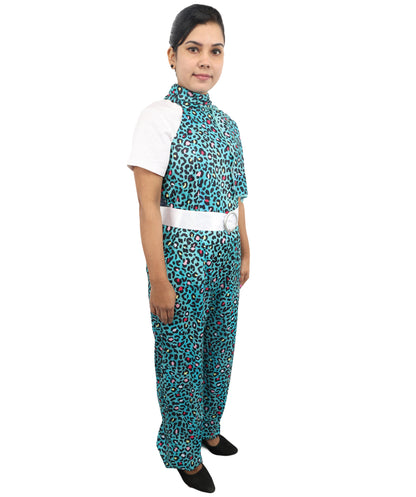 HPO Women's Vintage Disco Dancer Costume | Sleek Patterned Jersey Construction with Satin Accent Belt and Neck Muffler | Ideal for Halloween, Theater, Drag, and 1970s Performance Events