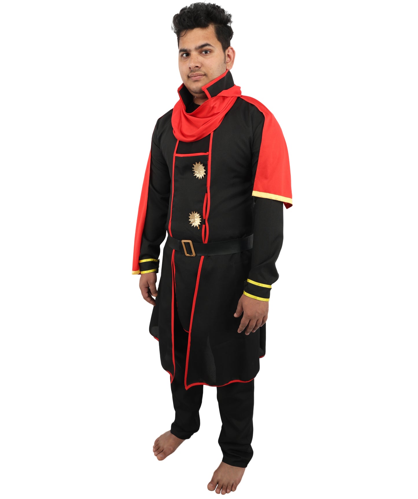 HPO Men's Anime Fantasy Adventurer Costume | Red & Black satin construction featuring a main dress, pant, and belt | Ideal for party, Halloween, cosplay, theater, drag, performance, costume events