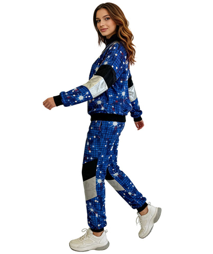 HPO Women's Space Print Tracksuit | Multicolor soft uniform construction featuring a starry zip-up top and matching pants | Ideal for party, Halloween, cosplay, theater, drag, performance, costume events