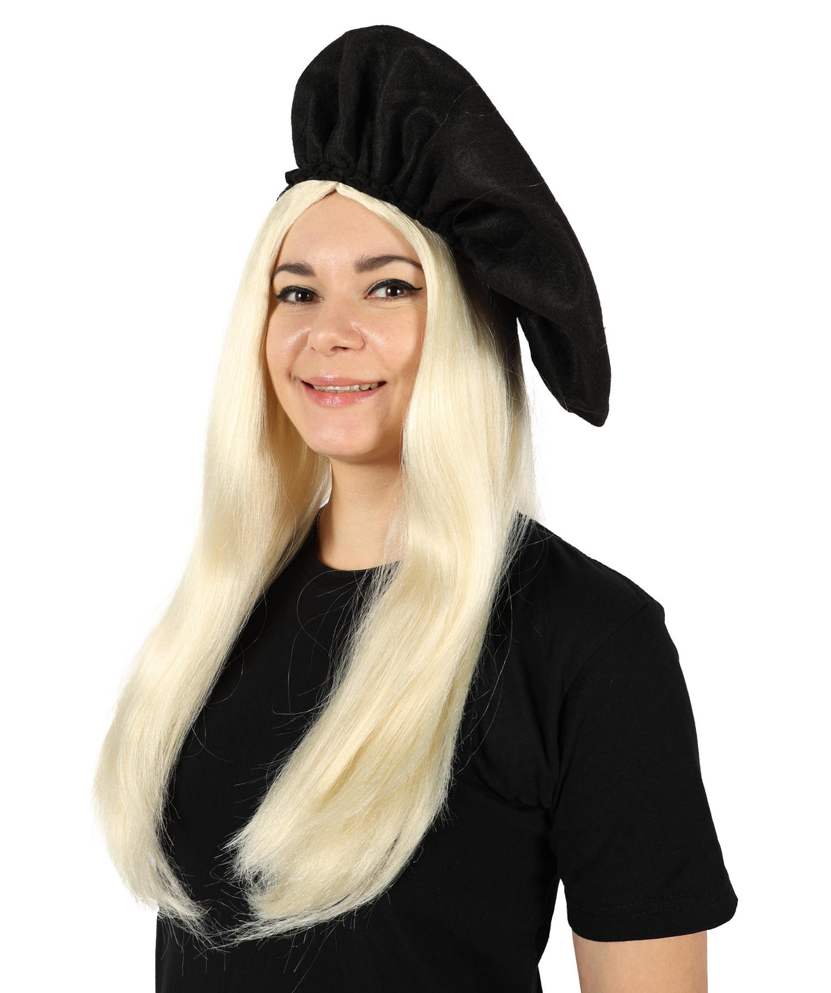 HPO Women's Chic Pop Icon Blonde Wig with Black Hat Sleek Style Elegant Layers and Bold Modern Flair Premium Breathable Capless Cap