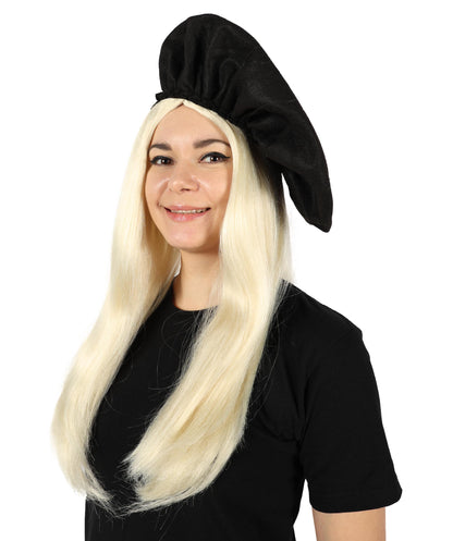 HPO Women's Chic Pop Icon Blonde Wig with Black Hat Sleek Style Elegant Layers and Bold Modern Flair Premium Breathable Capless Cap