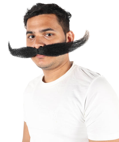 HPO Men's Giant Black Mustache | Self-Adhesive Fake Mustache | Realistic Costume Facial Hair Accessory for Halloween, Parties & Roleplay