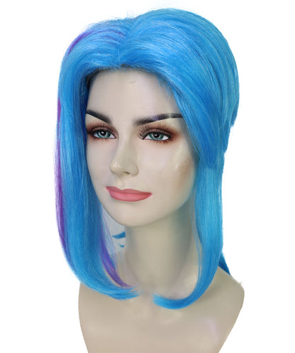 HPO Women’s Medium Ponytail Style Blue Wig with Purple Streaks | Halloween and Wig | Flame-retardant Synthetic Fiber