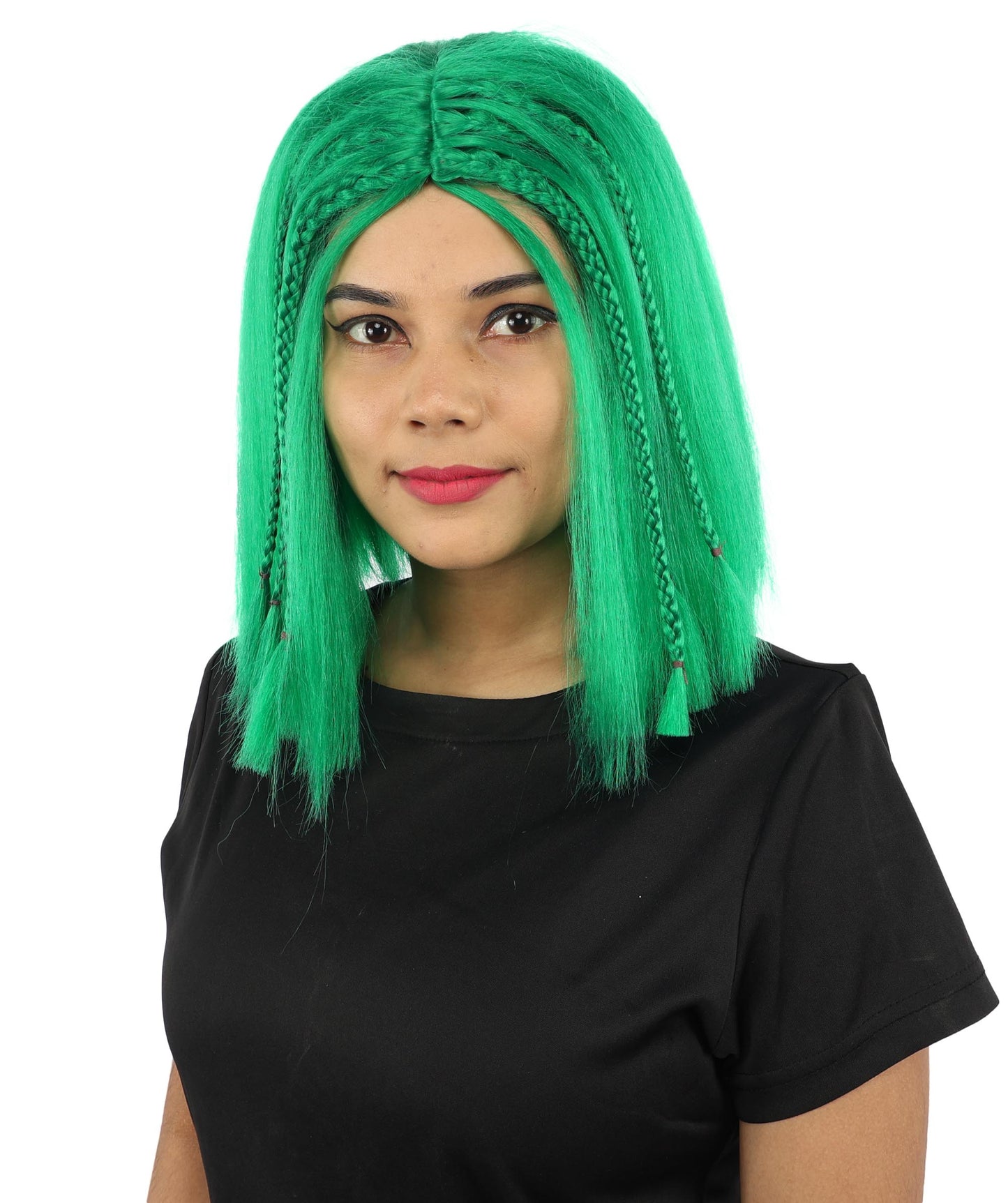 HPO Celebrity-Style 11 Inch Green Rooted Blonde Front Braided Straight Wig | Shoulder-Length Fun, Bold, and Stylish Hairpiece  | Ideal for Halloween, Cosplay, and Themed Parties