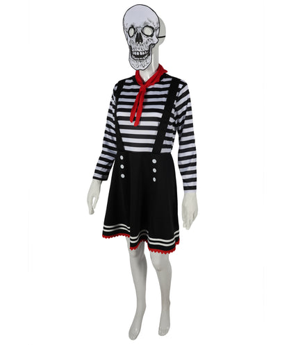 HPO Adult Women Mime Costume for Women | Black & White Striped Dress with Mask, Gloves & Tie Dress | Parisian Street Performer Outfit for Halloween, Cosplay & Theater