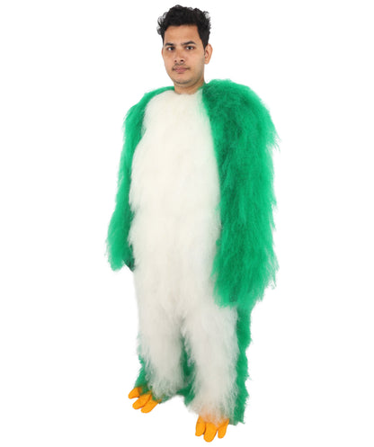 HPO Adults Parrot Mascot Costume Full-Body Furry Bird Jumpsuit with Mask - Green & White Parrot Costume Set with Furry Full-Body Jumpsuit and Character Mask for Halloween Cosplay Parties & Events