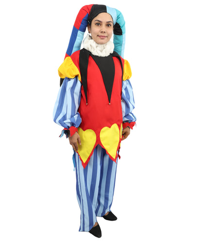HPO Women's Harlequin Jester Costume | Multi-Pattern Ronior and Uniform Fabric Construction with Horned Cap and Drawcord | Ideal for Halloween, Drag, Theater, and Themed Performance Events