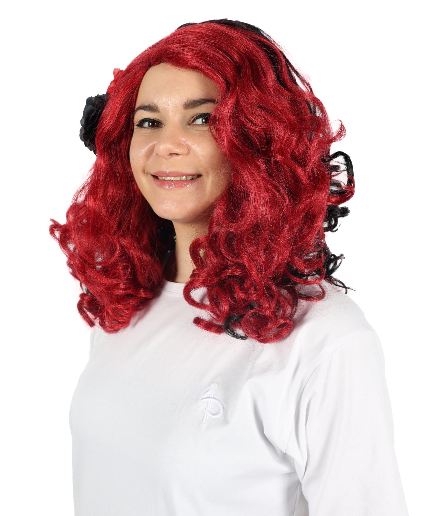 HPO Women’s Day of the Dead 17-Inch Black and Red Curly Wig with Flower | Halloween & Cosplay Wig | Flame-retardant Synthetic Fiber