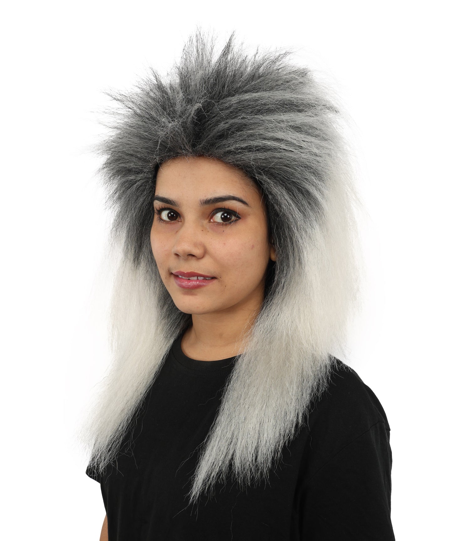 HPO Women's Heavy Metal Undead Black & Grey Wig | Messy Grayish-White Hairpiece with Distressed Texture | Adjustable Cap for Halloween, Cosplay, Stage & Parties