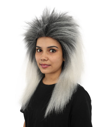 HPO Women's Heavy Metal Undead Black & Grey Wig | Messy Grayish-White Hairpiece with Distressed Texture | Adjustable Cap for Halloween, Cosplay, Stage & Parties