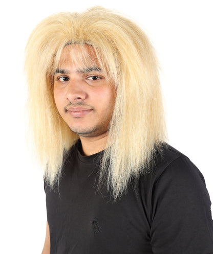 HPO Men’s Straight Blonde Rocker Wig | 80s Style Shoulder Length Hair with Bangs | Breathable Capless Cap for Cosplay, Costumes & Theme Parties