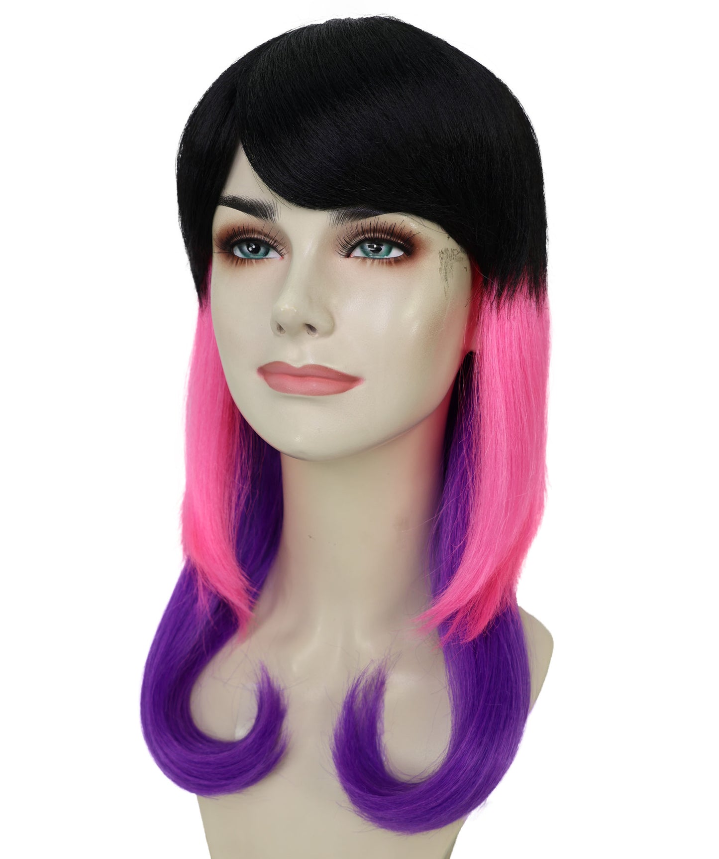 HPO Adult Unisex Tri Color Fruit Punch Wig | Vibrant Black Pink Violet Flame Mix | Synthetic Flame-Retardant Hair | Capless Cap | Halloween Festival Wig