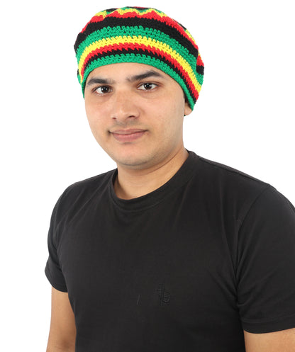 HPO Red Yellow Green Striped Rasta Beanie Hat Rainbow Knit Cap - Knitted Rainbow Headwear with Black Accents Rounded Relaxed Fit for Halloween Cosplay Parties & Events