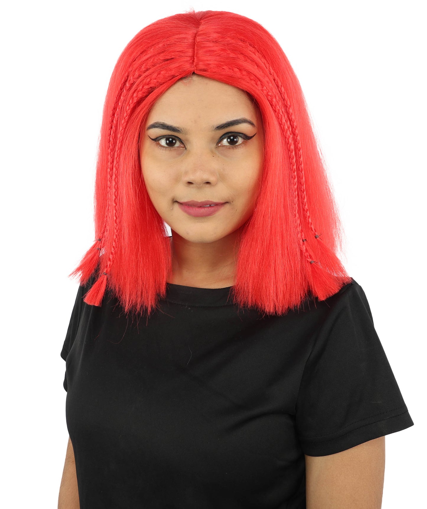 HPO Celebrity-Style 11 Inch Green Rooted Blonde Front Braided Straight Wig | Shoulder-Length Fun, Bold, and Stylish Hairpiece  | Ideal for Halloween, Cosplay, and Themed Parties