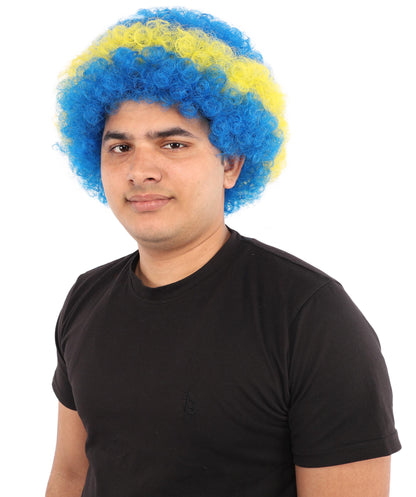 HPO Curacao Flag Afro Wig | 11 Inch Blue Yellow Stripe White Stars Design | Sports Event National Holiday Parade Soccer Match Fan Gear