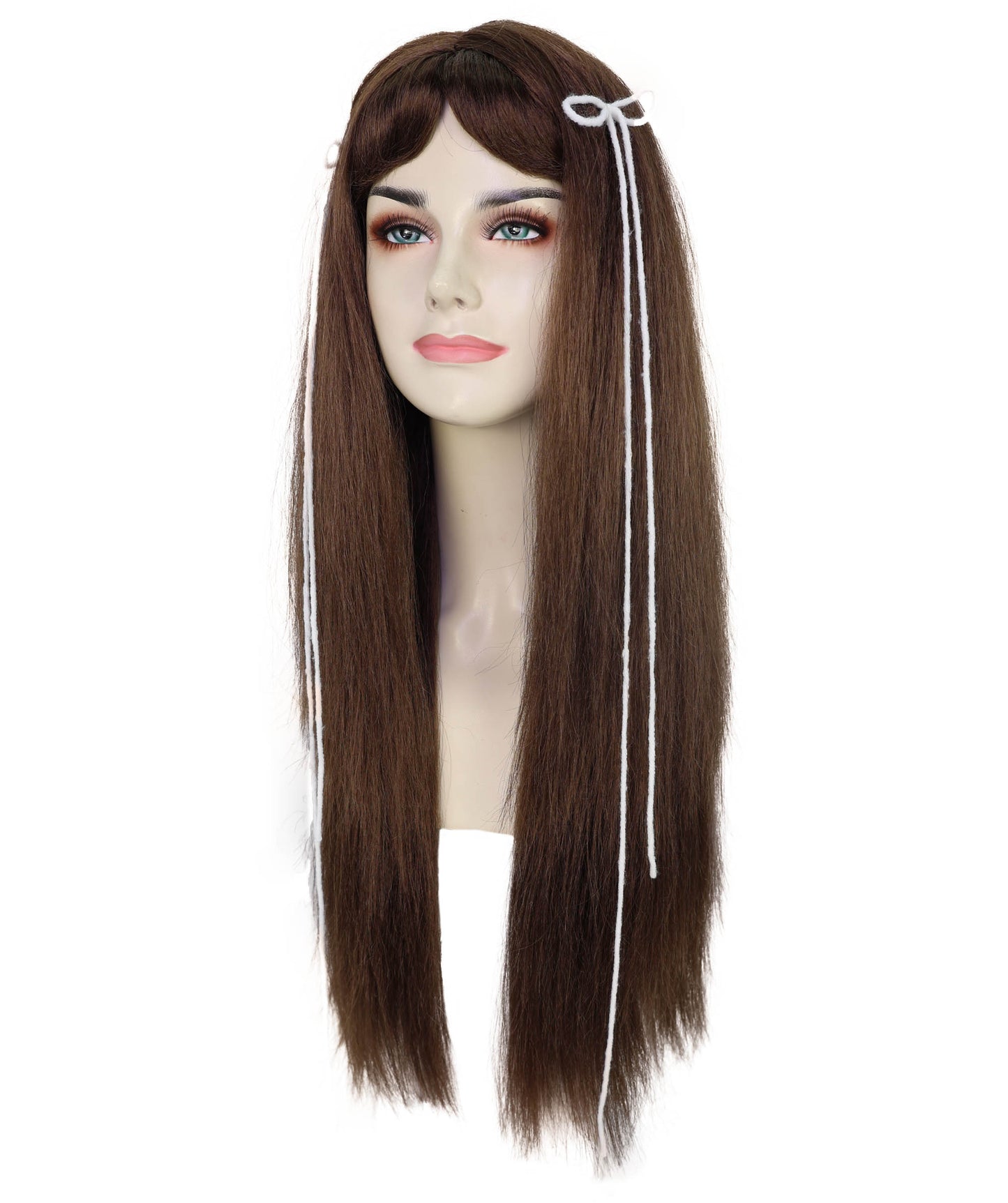 HPO Adult Women’s Elegant Long Brown Wig with Highlights and Curtain Bangs | Natural Straight Style | Ideal for Halloween | Breathable Capless Cap